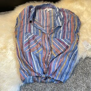 BP Tie Front Chambray Color Striped Short Sleeve Top